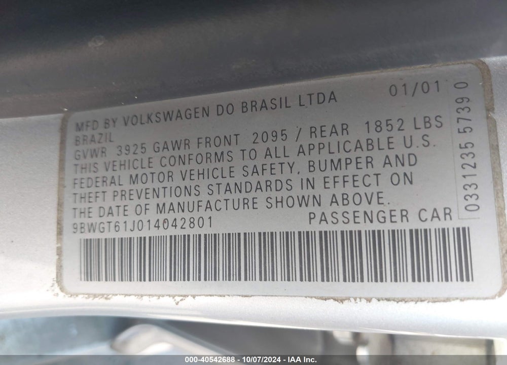 2001 VOLKSWAGEN GOLF GLS VIN: 9BWGT61J014042801