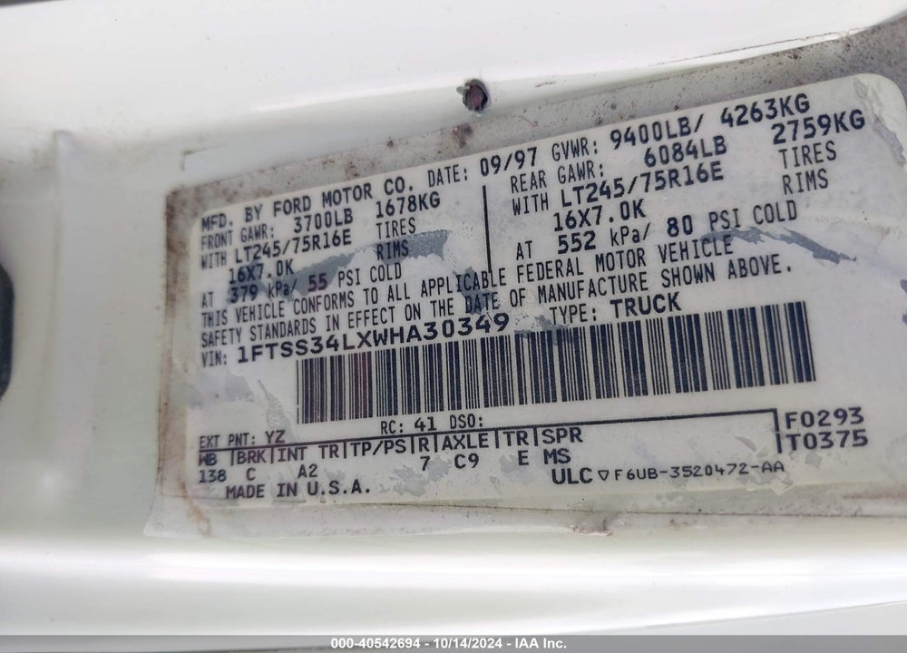 1998 FORD BUS E-350 VIN: 1FTSS34LXWHA30349