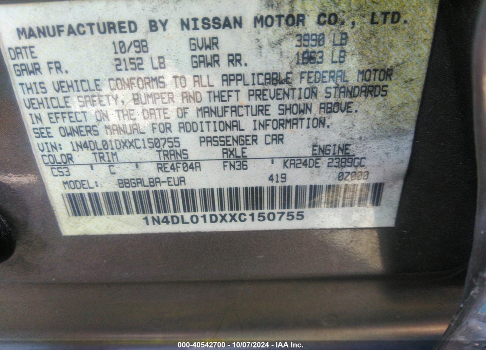 1999 NISSAN ALTIMA GLE/GXE/SE/SE-L/XE VIN: 1N4DL01DXXC150755