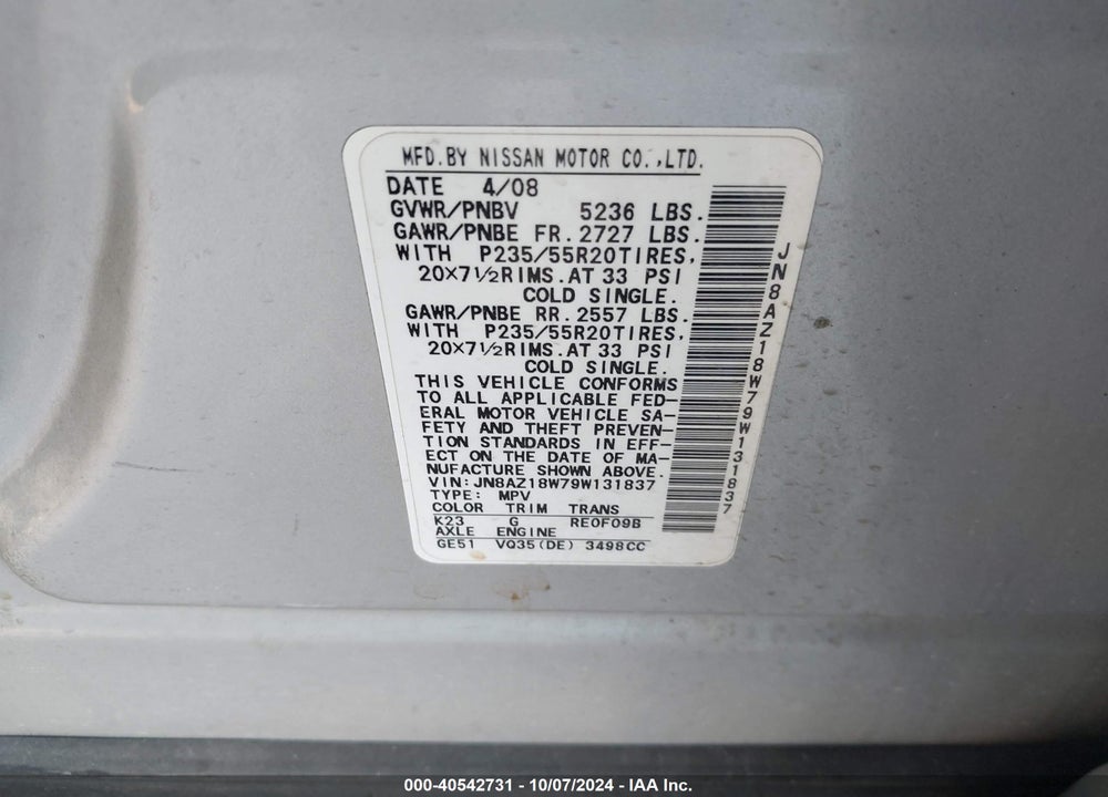 2009 NISSAN MURANO LE VIN: JN8AZ18W79W131837