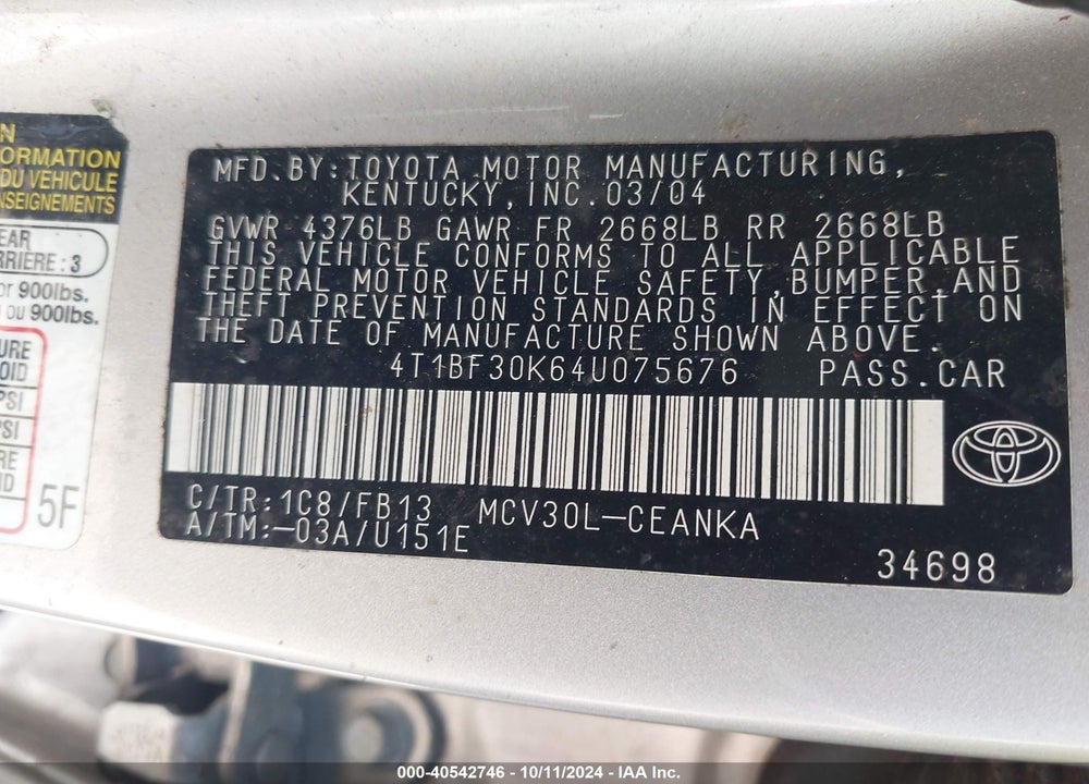 2004 TOYOTA CAMRY LE V6 VIN: 4T1BF30K64U075676