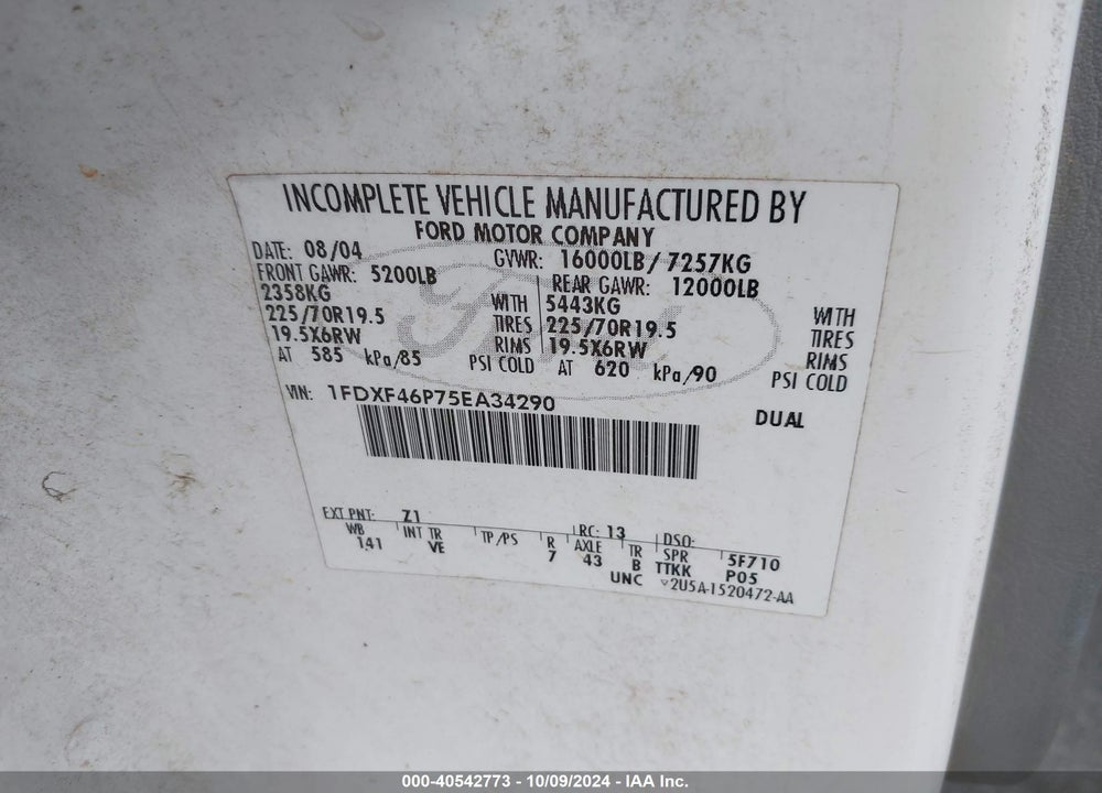 2005 FORD F-450 CHASSIS XL/XLT VIN: 1FDXF46P75EA34290