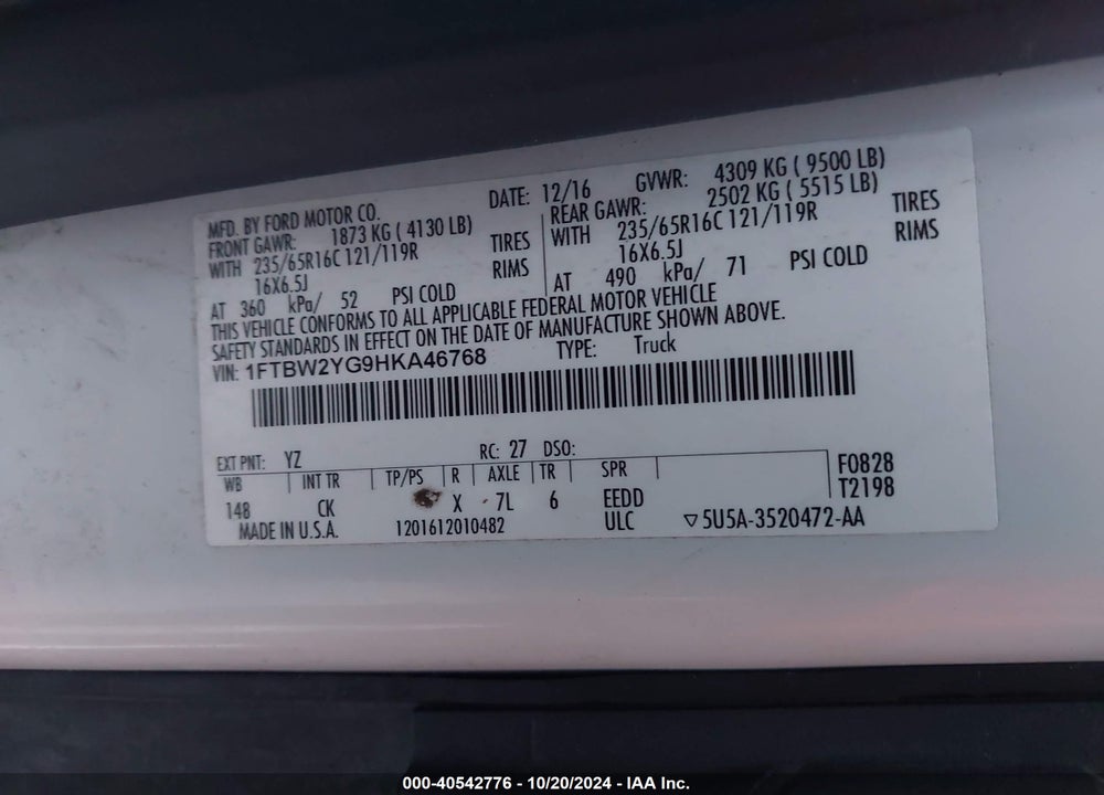 2017 FORD TRANSIT-350 VIN: 1FTBW2YG9HKA46768