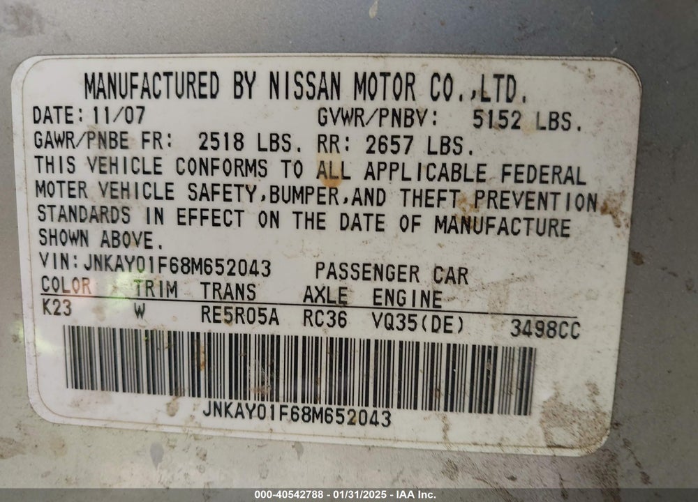 2008 INFINITI M35X VIN: JNKAY01F68M652043