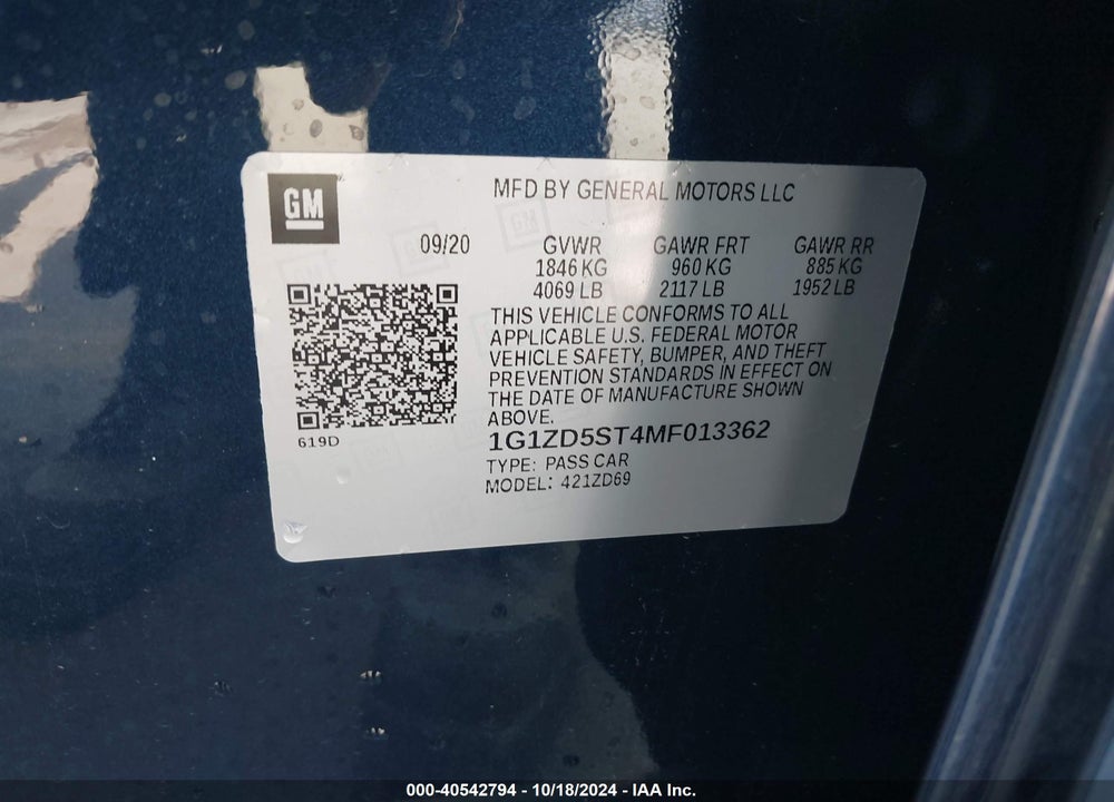 2021 CHEVROLET MALIBU FWD LT VIN: 1G1ZD5ST4MF013362