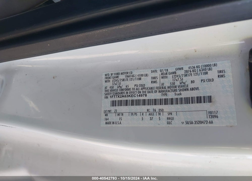 2019 FORD F-250 XL VIN: 1FT7X2A63KEC14978