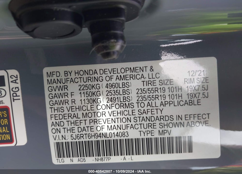 2022 HONDA CR-V HYBRID TOURING VIN: 5J6RT6H94NL014083