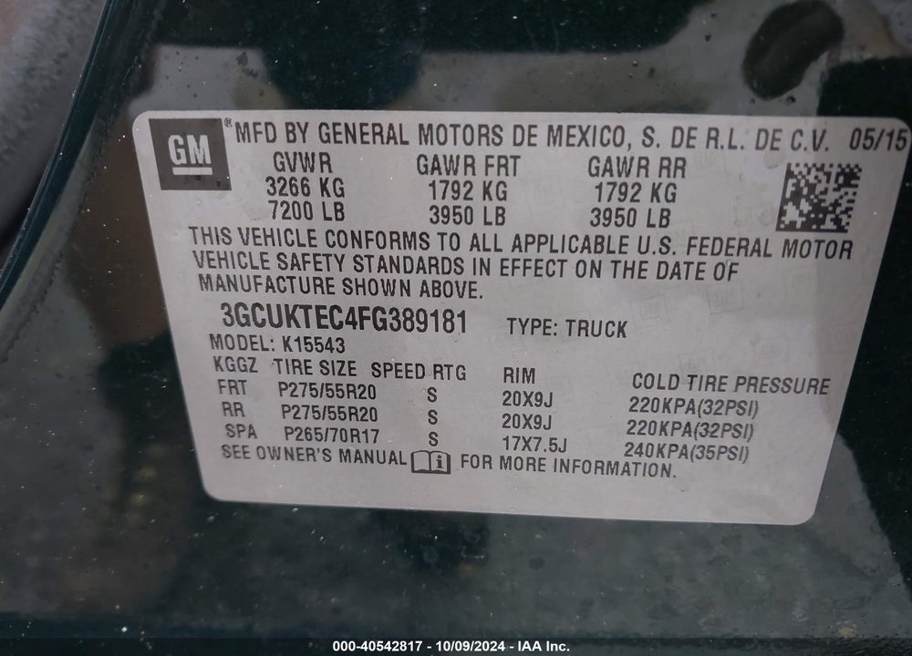 2015 CHEVROLET SILVERADO 1500 HIGH COUNTRY VIN: 3GCUKTEC4FG389181