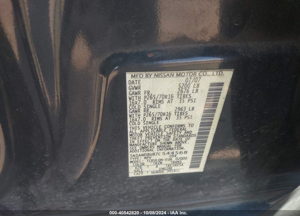 2007 NISSAN XTERRA X VIN: 5N1AN08U87C544568