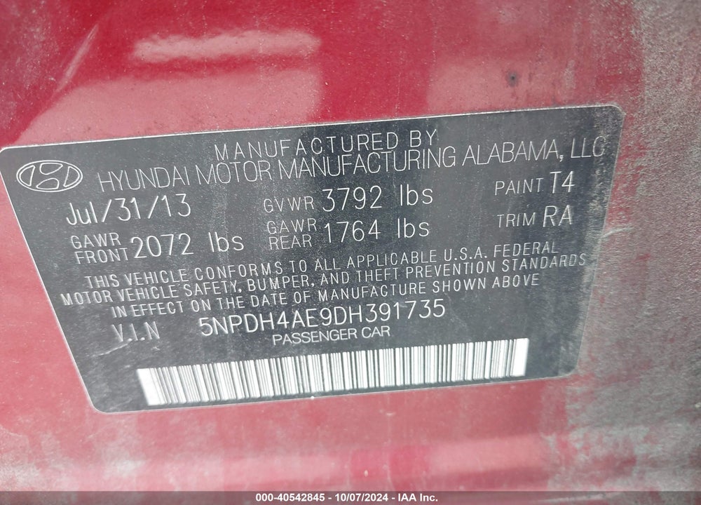 2013 HYUNDAI ELANTRA GLS VIN: 5NPDH4AE9DH391735