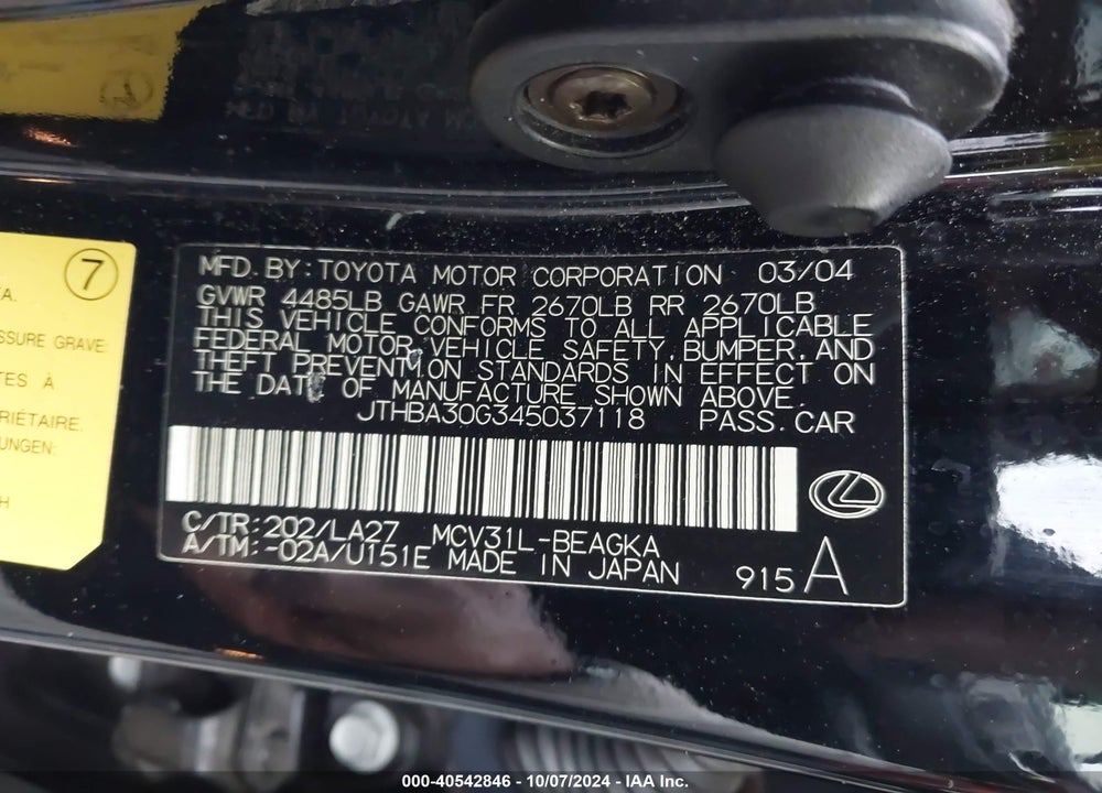 2004 LEXUS ES 330 VIN: JTHBA30G345037118