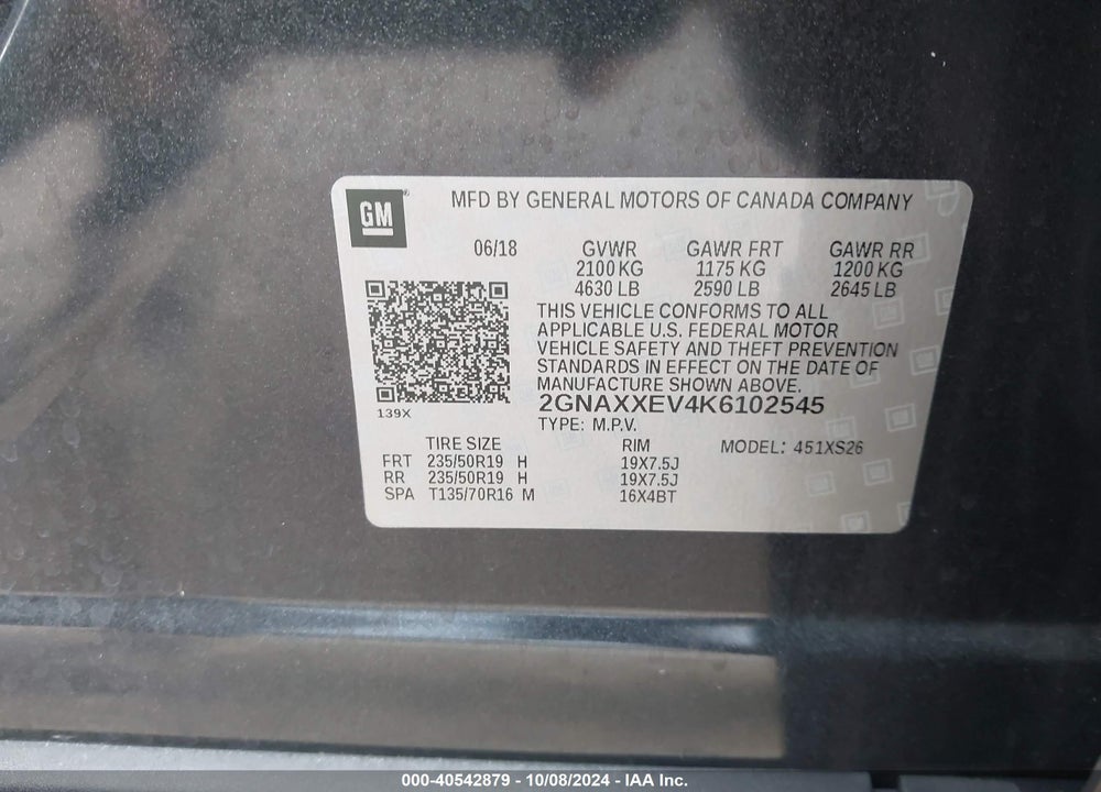 2019 CHEVROLET EQUINOX PREMIER VIN: 2GNAXXEV4K6102545