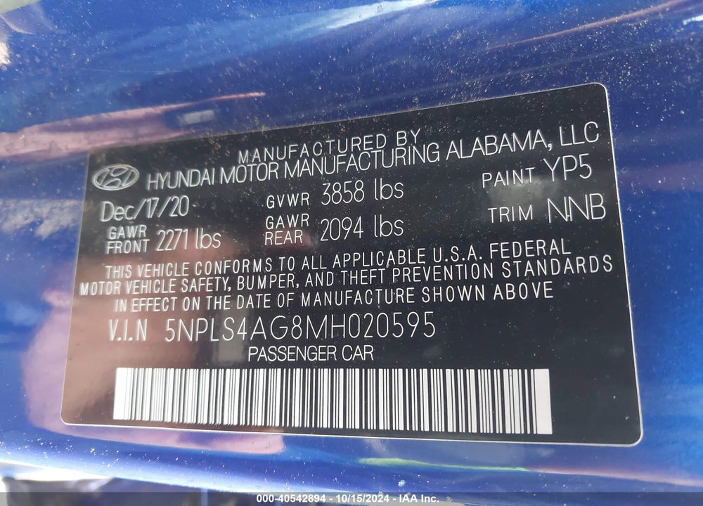 2021 HYUNDAI ELANTRA SEL VIN: 5NPLS4AG8MH020595