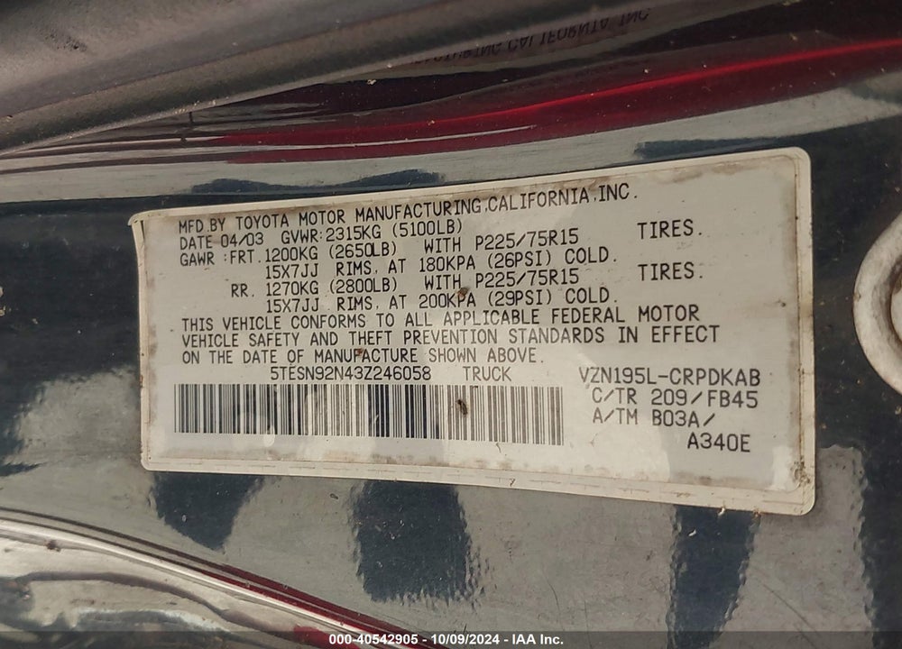 2003 TOYOTA TACOMA PRERUNNER V6 VIN: 5TESN92N43Z246058