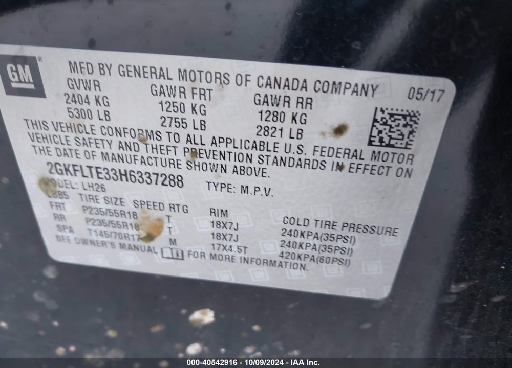 2017 GMC TERRAIN SLE-2 VIN: 2GKFLTE33H6337288