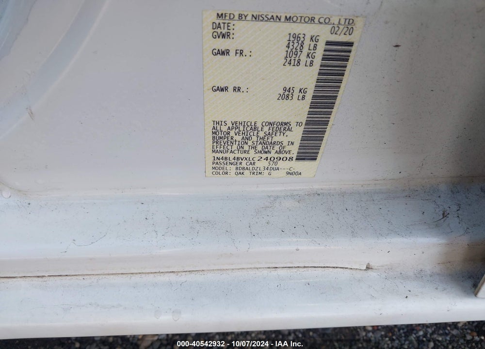 2020 NISSAN ALTIMA S FWD VIN: 1N4BL4BVXLC240908