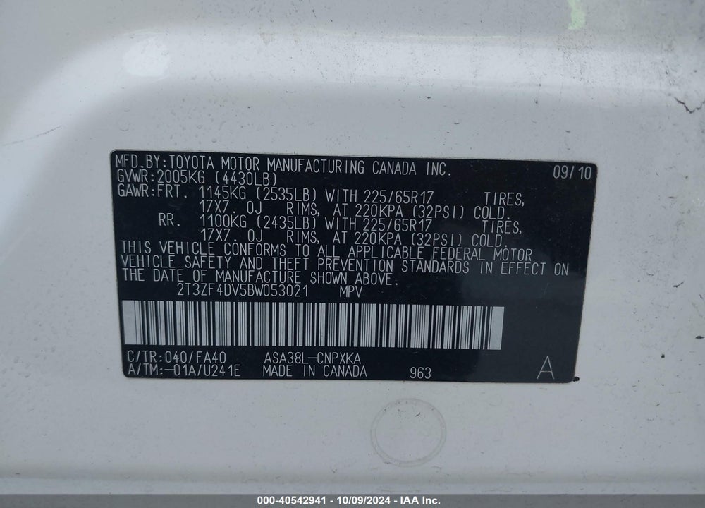 2011 TOYOTA RAV4 VIN: 2T3ZF4DV5BW053021