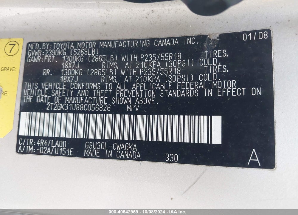 2008 LEXUS RX 350 VIN: 2T2GK31U88C056826
