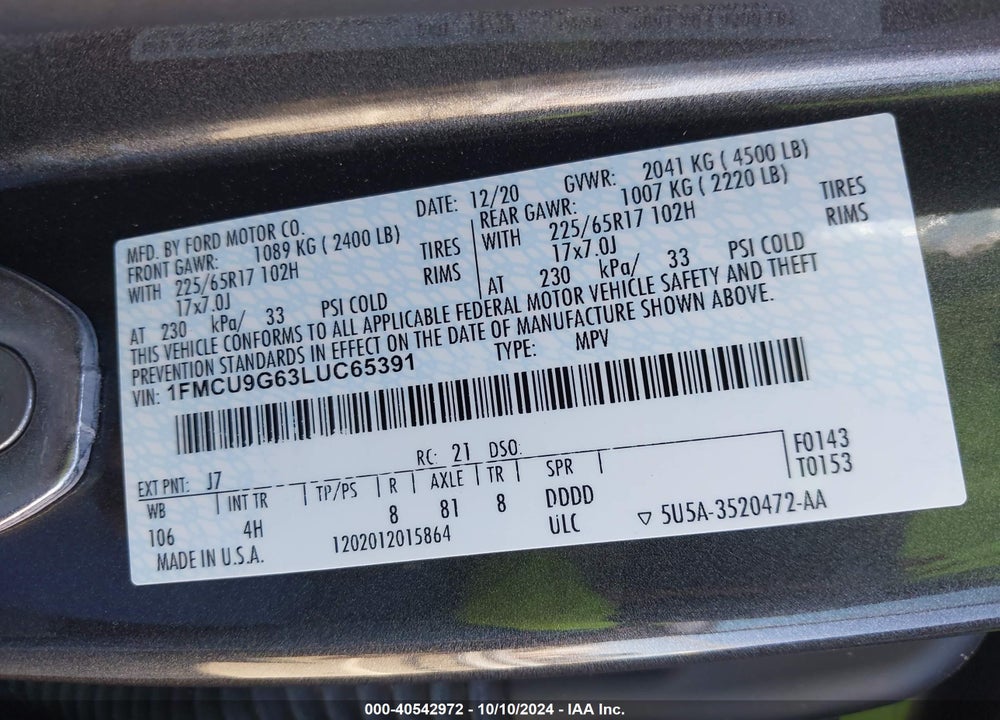 2020 FORD ESCAPE SE VIN: 1FMCU9G63LUC65391