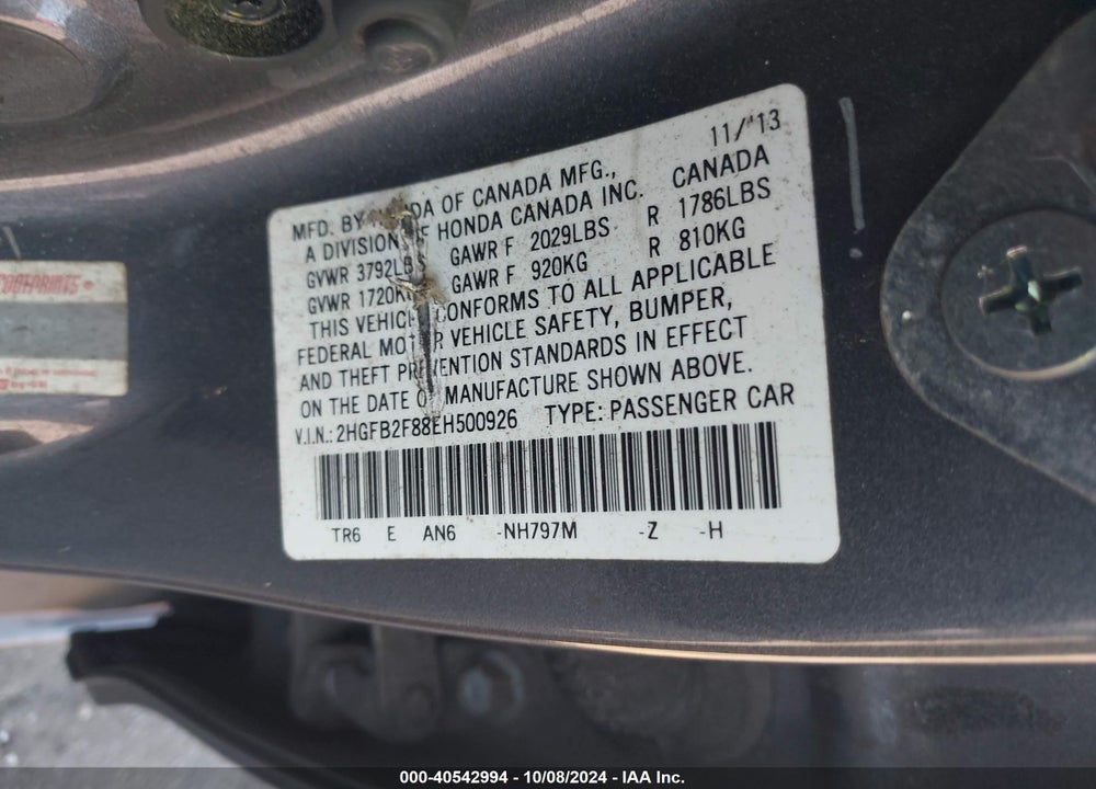 2014 HONDA CIVIC EX VIN: 2HGFB2F88EH500926