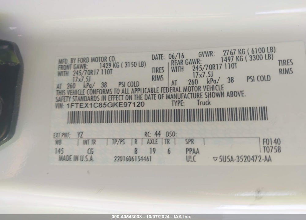 2016 FORD F-150 XL VIN: 1FTEX1C85GKE97120
