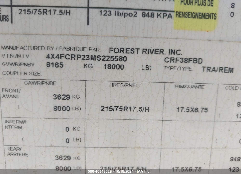 2021 CEDAR CREEK TRAVEL TRLR VIN: 4X4FCRP23MS225580