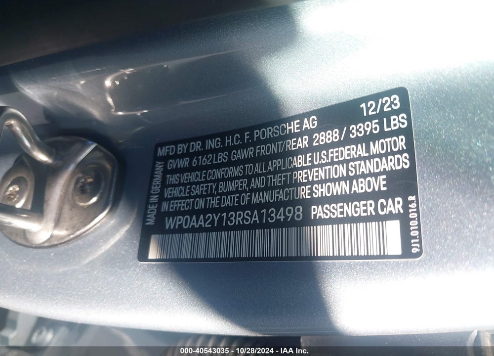 2024 PORSCHE TAYCAN VIN: WP0AA2Y13RSA13498