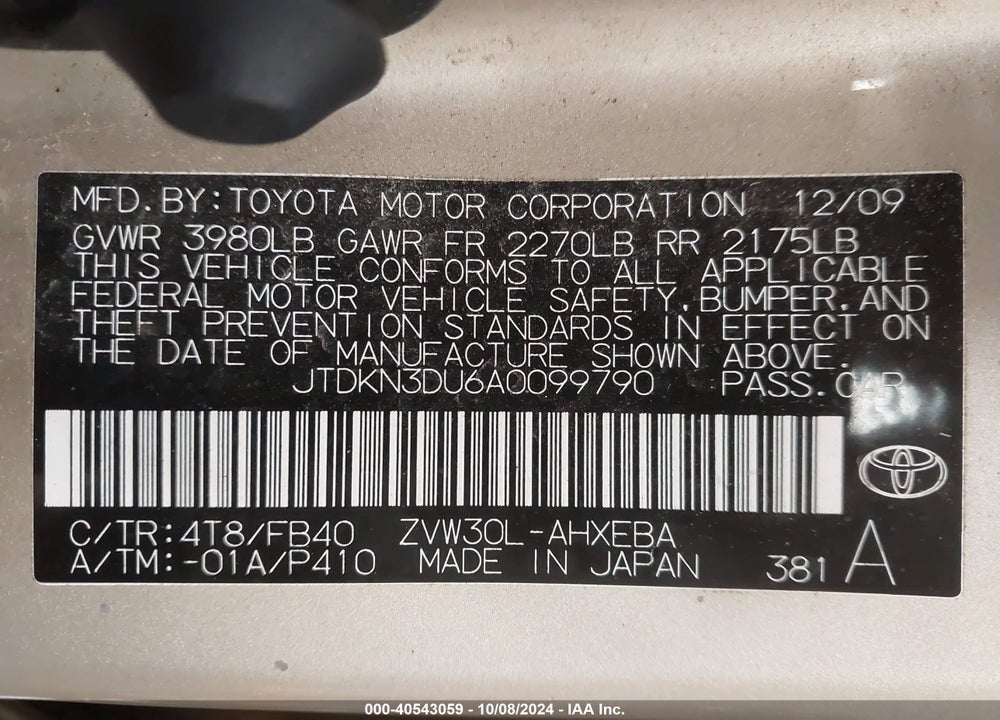 2010 TOYOTA PRIUS II VIN: JTDKN3DU6A0099790