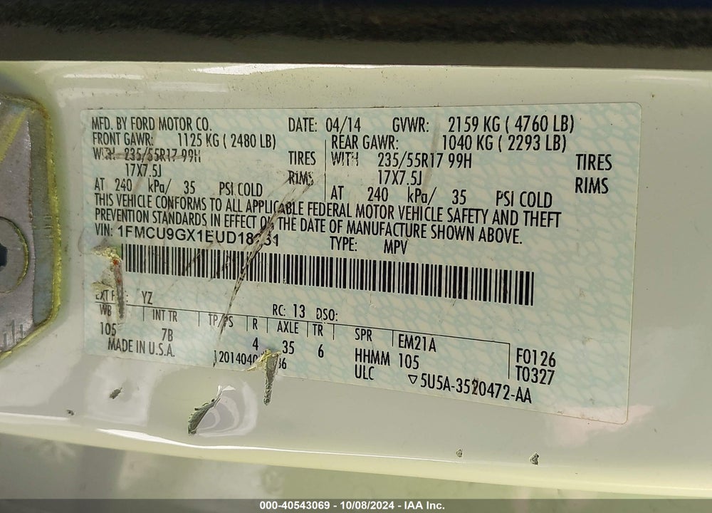 2014 FORD ESCAPE SE VIN: 1FMCU9GX1EUD18231