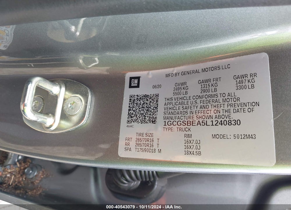 2020 CHEVROLET COLORADO 2WD SHORT BOX WT VIN: 1GCGSBEA5L1240830