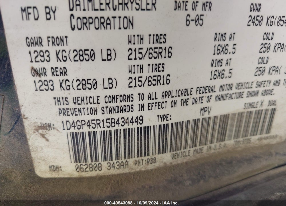 2005 DODGE CARAVAN SXT VIN: 1D4GP45R15B434449