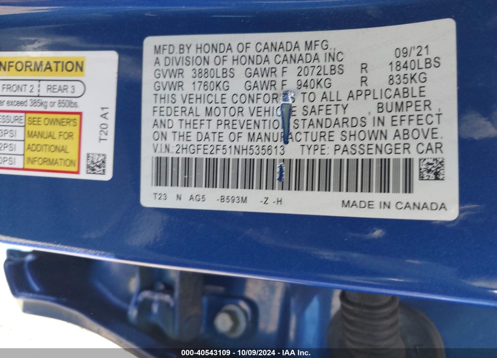 2022 HONDA CIVIC SPORT VIN: 2HGFE2F51NH535613
