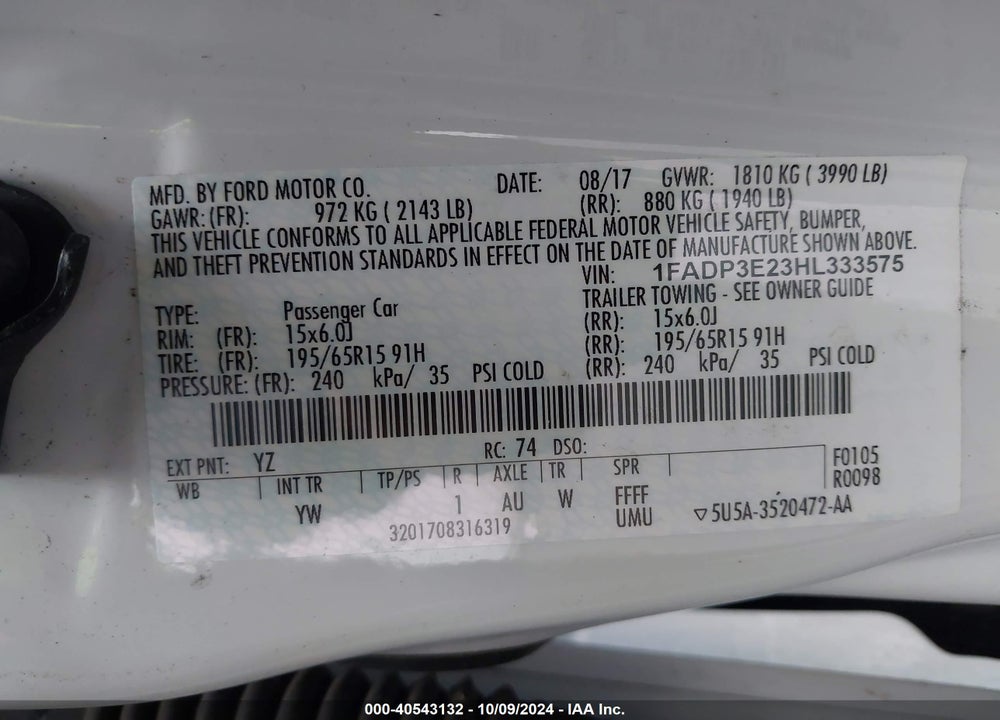 2017 FORD FOCUS S VIN: 1FADP3E23HL333575