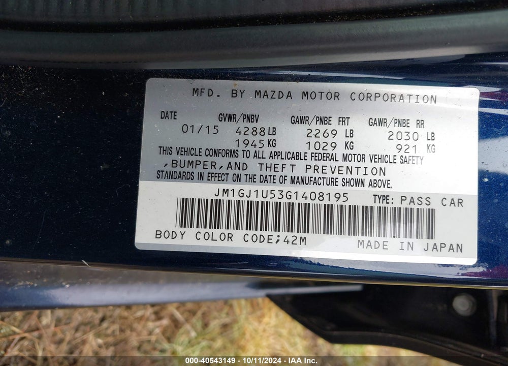 2016 MAZDA 6 VIN: JM1GJ1U53G1408195