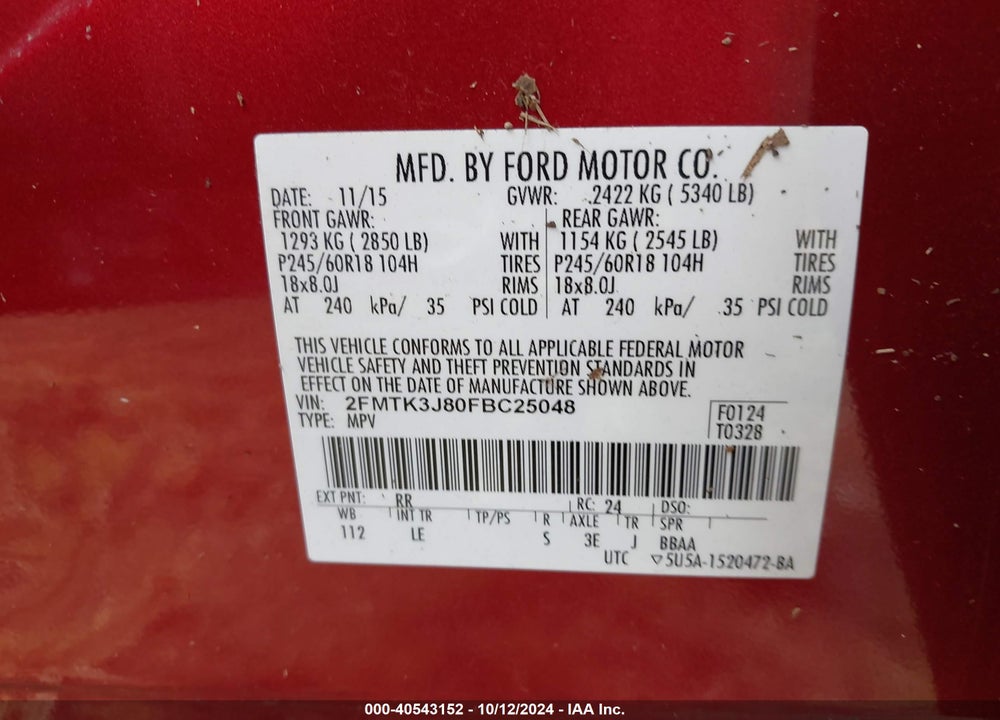 2015 FORD EDGE SEL VIN: 2FMTK3J80FBC25048