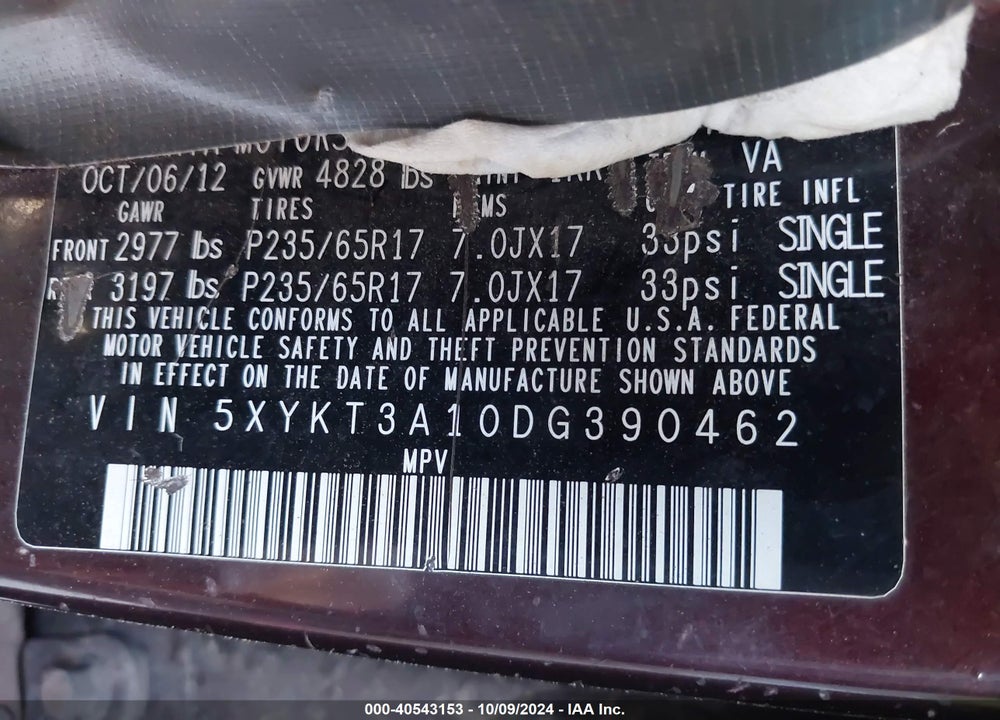 2013 KIA SORENTO LX VIN: 5XYKT3A10DG390462