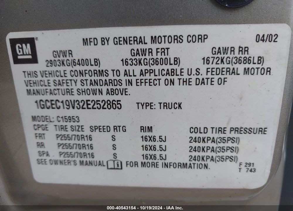2002 CHEVROLET SILVERADO 1500 LS VIN: 1GCEC19V32E252865