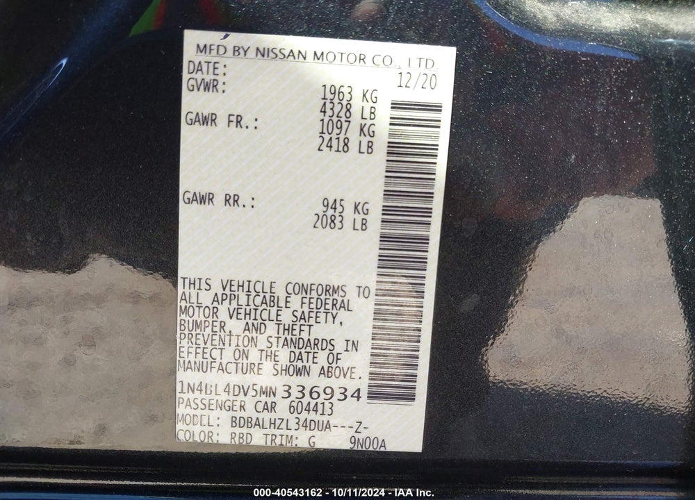 2021 NISSAN ALTIMA SV FWD VIN: 1N4BL4DV5MN336934