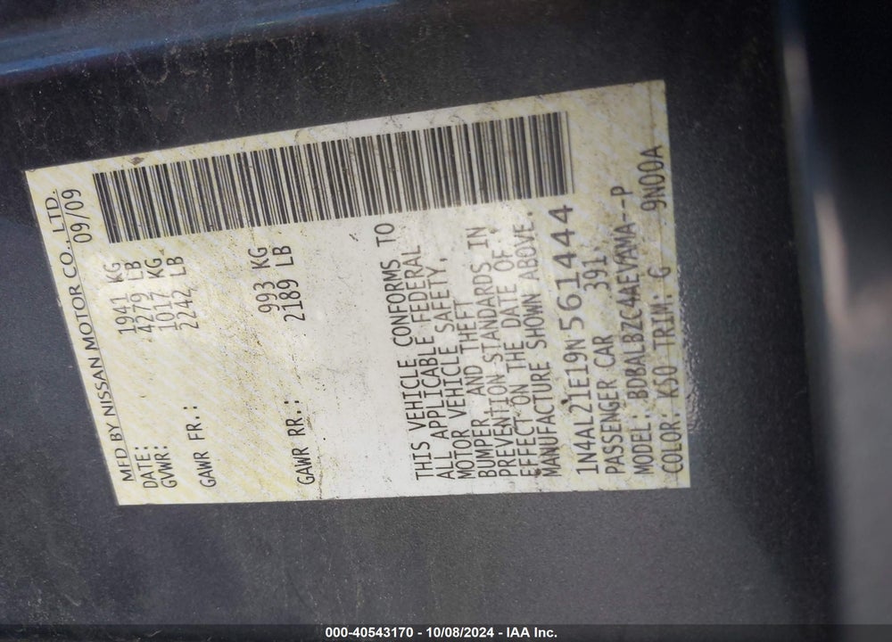 2009 NISSAN ALTIMA 2.5 S VIN: 1N4AL21E19N561444