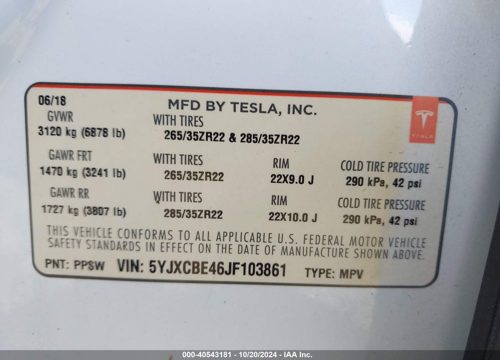 2018 TESLA MODEL X VIN: 5YJXCBE46JF103861