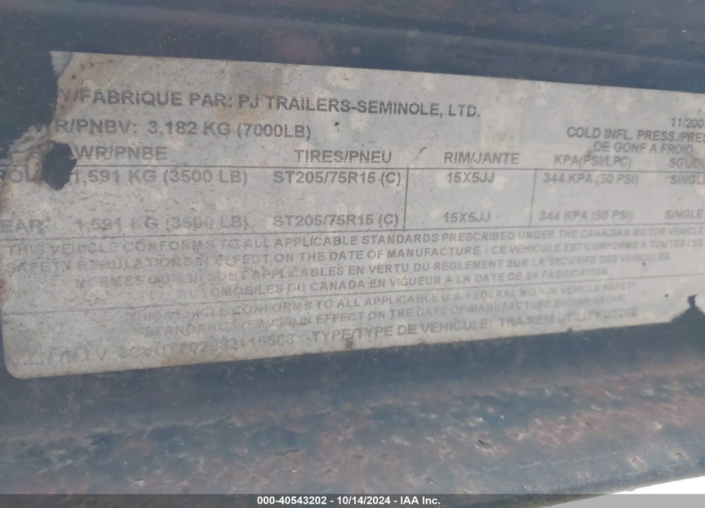 2008 PJ TRAILERS TRAILER VIN: 3CVUT202982115508