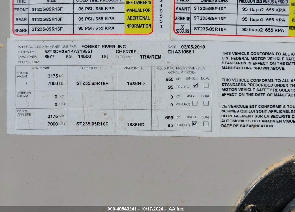 2019 COACHMEN OTHER VIN: 5ZT3CH2B1KA319551