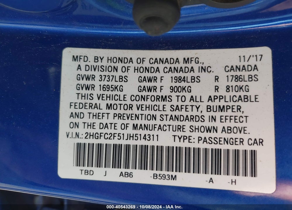 2018 HONDA CIVIC LX VIN: 2HGFC2F51JH514311