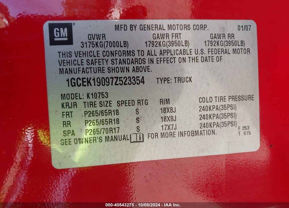 2007 CHEVROLET SILVERADO 1500 LT1 VIN: 1GCEK19097Z523354