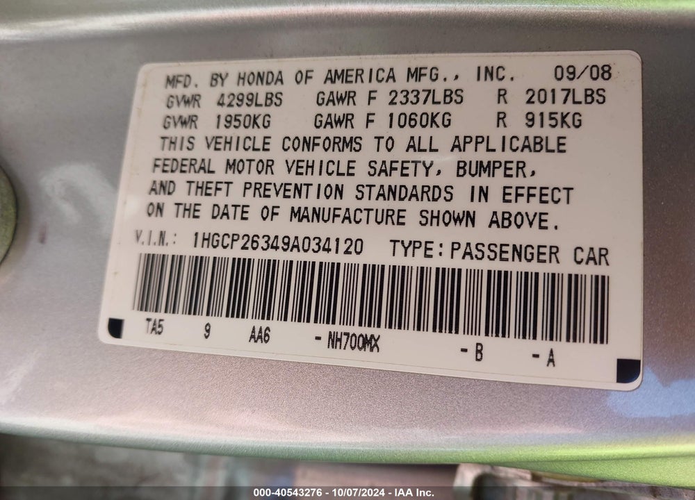 2009 HONDA ACCORD 2.4 LX VIN: 1HGCP26349A034120