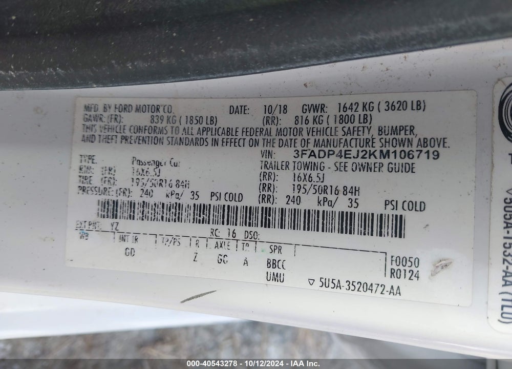 2019 FORD FIESTA SE VIN: 3FADP4EJ2KM106719
