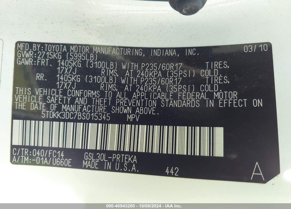2011 TOYOTA SIENNA LE V6 VIN: 5TDKK3DC7BS015345