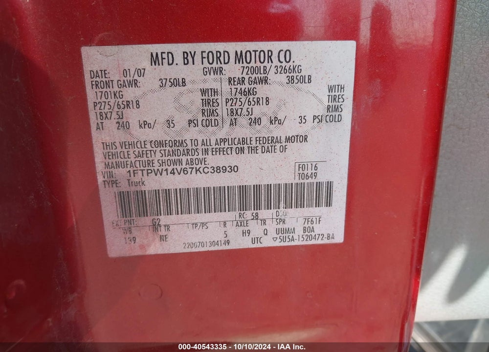 2007 FORD F-150 FX4/LARIAT/XLT VIN: 1FTPW14V67KC38930