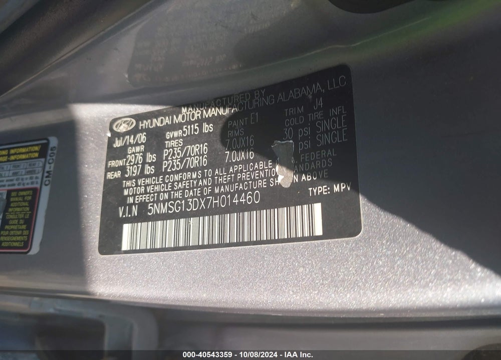 2007 HYUNDAI SANTA FE GLS VIN: 5NMSG13DX7H014460