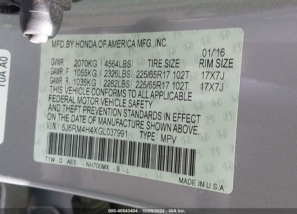 2016 HONDA CR-V SE VIN: 5J6RM4H4XGL037991